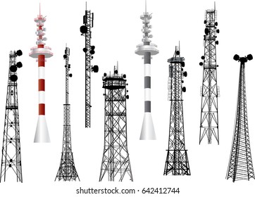 illustration with set of antenna silhouettes isolated on white background