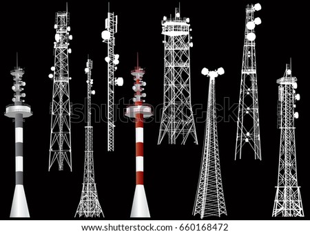 illustration with set of antenna silhouettes isolated on black background