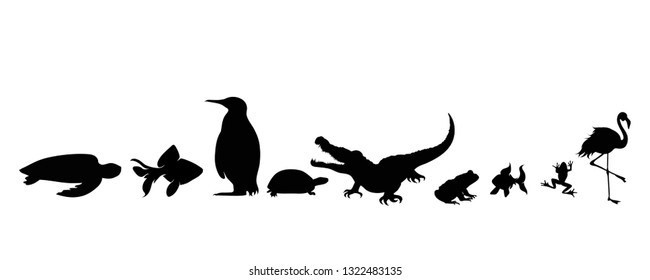 Illustration of set aquatic animals icon. Vector silhouette on white background.