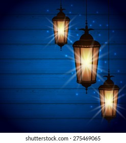 Illustration Set Arabic Lamps for Holy Month of Muslim Community, Wooden background - Vector