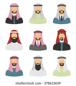 Illustration Set Arabic Men, Heads with Beards, Portraits, Traditional and Popular Clothing in Arab Countries, Flat Icons - Vector
