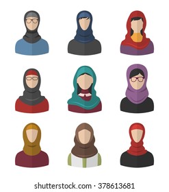 Illustration Set Arabic Women, Heads and Headscarf, Portraits, Traditional Clothing in Arab Countries, Flat Icons - Vector