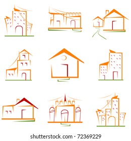 illustration of set of architectural building on isolated white background