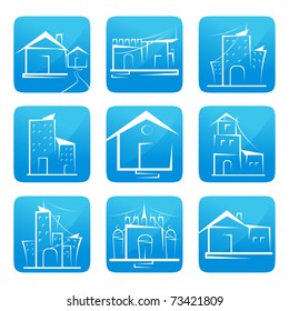 Illustration eines Satzes von Architekturgebäuden auf isoliertem weißem Hintergrund
