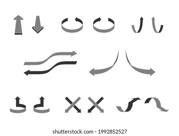 Conjunto de ilustraciones de flechas que muestran diversos movimientos (fondo blanco, vector, corte)