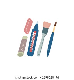 Conjunto de ilustraciones de materiales artísticos en vectores. Marcador, pasteles, cepillos, caucho. Herramientas para artistas, ilustradores. Para dibujar, pintar.