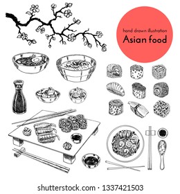 illustration set of asian food. vector sketch with hands drawn traditional japanese food sushi