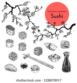 illustration set of asian food. vector sketch with hands drawn traditional japanese food sushi