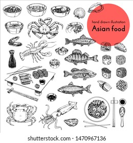 illustration set of asian food. vector sketch with hands drawn traditional japanese food 