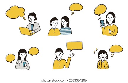 Illustration set of asian woman with speech bubble