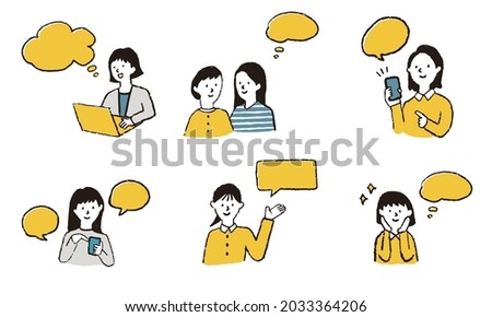 Illustration set of asian woman with speech bubble