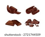 Illustration set of assorted chocolate pieces, bars, curls, and chunks in rich brown tones, perfect for food, dessert, baking, and confectionery themes.
