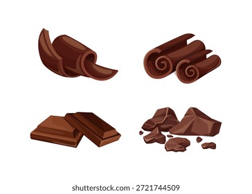 Ilustração conjunto de peças de chocolate variadas, barras, cachos e pedaços em tons ricos de marrom, perfeito para alimentos, sobremesa, assar e temas de confeitaria.