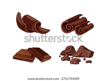 Illustration set of assorted chocolate pieces, bars, curls, and chunks in rich brown tones, perfect for food, dessert, baking, and confectionery themes.