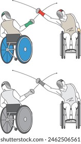 Illustration set of athletes doing wheelchair fencing