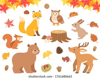 Illustration-Set von Herbstwald und Tieren (Fox, Owl, Hare, Eichhörnchen, Bären, Hirsch)