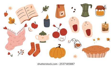 Ilustração de um conjunto de itens de outono em um fundo branco.