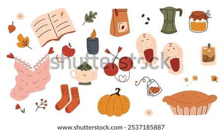 Illustration of a set of autumn items on a white background.