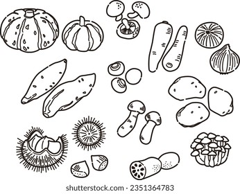 Illustration set of autumn vegetables (line drawing)