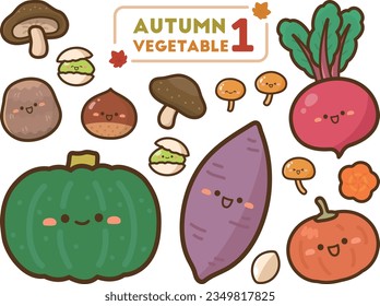 Ilustración de verduras otoñales, varias verduras con caras lindas