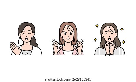 Illustration set B of three motivated and smiling business women.