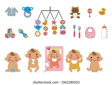 Illustration set of babies and baby goods. Illustration material "person". A collection of baby gift materials. Childcare clip art.