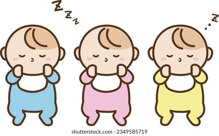 Illustration set of babies sleeping in clothes of different colors.　Vector illustration.