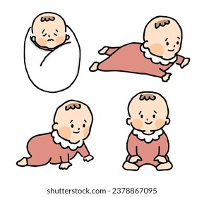 Illustration set of babies wearing baby clothes.