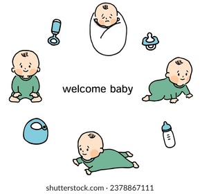 Illustration set of babies wearing baby clothes.