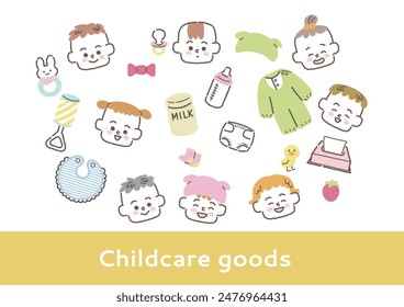 Illustration set of baby goods and face icons