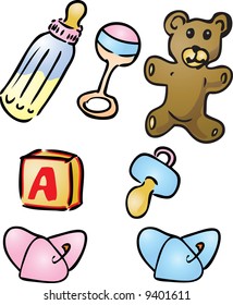 Illustration set of baby items: bottle, rattle, teddybear, alphabet bloc, pacifier, diapers