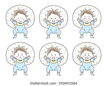 Illustration set of a baby wearing baby clothes and lying down on a nursing cushion.