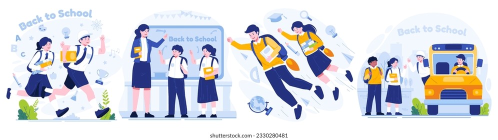 Illustration Set von Zurück zur Schule. Cute School Boy und School Girl. Die Schüler gehen gerne zurück zur Schule. Flache Vektorgrafik