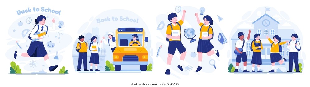 Ilustración de regreso a la escuela. Escolar y Escolar. Los estudiantes están felices de volver a la escuela. Ilustración vectorial de estilo plano