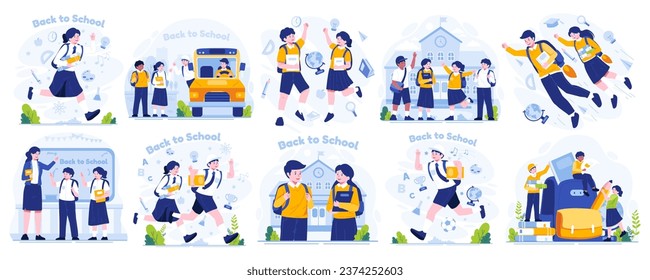 Ilustración de regreso a la escuela. Escolar y Escolar. Los estudiantes están felices de volver a la escuela. Ilustración vectorial de estilo plano