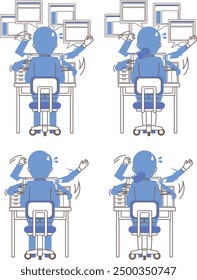 Illustration set of a back view of a busy employee sitting in front of a computer