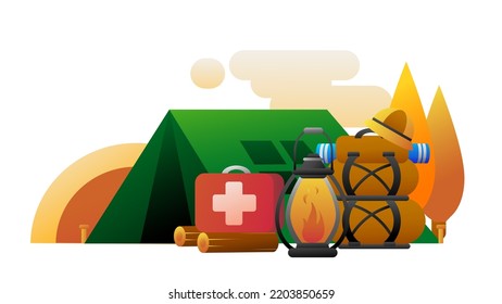 Illustration Set von Backpacker Zubehör mit Farbverlauf-Farbe. Umfasst Taschen, Campingzelt, Laterne und Erste-Hilfe-Fall