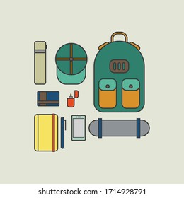 An illustration set of a bag and various objects inside like books and cellphones