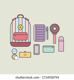 An illustration set of a bag and various objects inside like books and cellphones