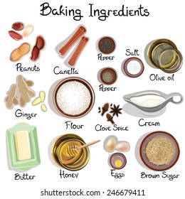 Illustration set baking ingredients on white. Baking ingredients. Vector illustration