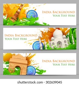 illustration of set of banner for colorful India with monument