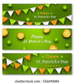 Illustration Set Banners with Bunting Hanging Pennants, Golden Coins, Clovers for St. Patricks Day - Vector