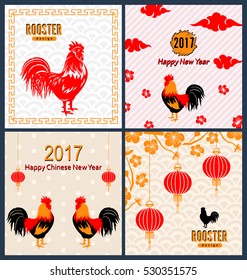 Illustration Set Banners with Chinese New Year Roosters, Blossom Sakura Flowers, Lanterns. Templates for Design Greeting Cards, Invitations, Flyers etc. - Vector