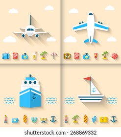 Illustration Set Banners with Flat Icons of Planning Summer Vacation, Minimal Style with Long Shadow - Vector