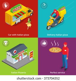 Illustration Set Banners with Italian Pizzeria. Mobile food truck, Car with Italian pizza, Perfect service, Delivery, delivery boy.  Flat 3d isometric.