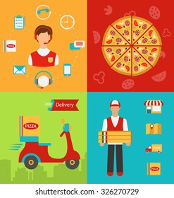 Illustration Set Banners with Pizza Delivery, Perfect Service, Online Order, Fresh Ingredients, Flat Simple Colorful Icons - Vector