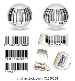 Illustration of a set of bar codes and labels on a white background. Vector.