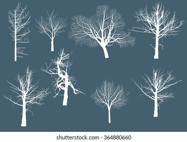 ilustración con conjunto de árboles desnudos aislados en fondo azul