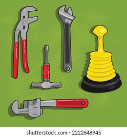 An illustration of a set of basic plumbing tools containing a plunger, adjustable wrench, pliers, pipe wrench and a tap key