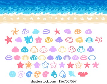 
illustration set of beach background and many sea motif icons  (shellfish, starfish, crab)